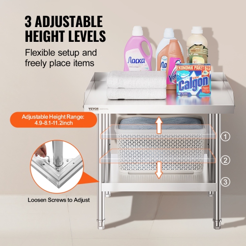 VEVOR 24 x 28 x 26 Inch Stainless Steel Work Table, Commercial Food Prep Worktable, 3-Sided Backsplash Heavy Duty Prep Worktable, Metal Work Table