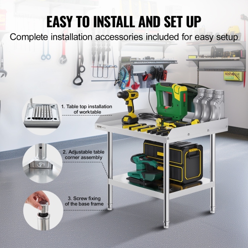 VEVOR 24 x 28 x 26 Inch Stainless Steel Work Table, Commercial Food Prep Worktable, 3-Sided Backsplash Heavy Duty Prep Worktable, Metal Work Table