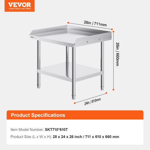 VEVOR 24 x 28 x 26 Inch Stainless Steel Work Table, Commercial Food Prep Worktable, 3-Sided Backsplash Heavy Duty Prep Worktable, Metal Work Table