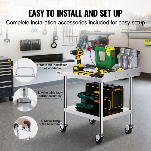 VEVOR 24 x 28 x 30 Inch Stainless Steel Work Table, Commercial Food Prep Worktable with 4 Wheels, Casters, 3-Sided Backsplash Heavy Duty Prep