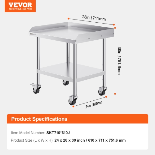 VEVOR 24 x 28 x 30 Inch Stainless Steel Work Table, Commercial Food Prep Worktable with 4 Wheels, Casters, 3-Sided Backsplash Heavy Duty Prep