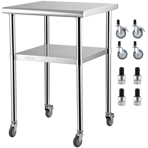 VEVOR 24 x 24 x 36 Inch Stainless Steel Prep Table, 600lbs Load Capacity Heavy Duty Metal Worktable with Adjustable Undershelf & Universal Wheels,