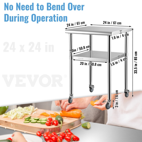 VEVOR 24 x 24 x 36 Inch Stainless Steel Prep Table, 600lbs Load Capacity Heavy Duty Metal Worktable with Adjustable Undershelf & Universal Wheels,