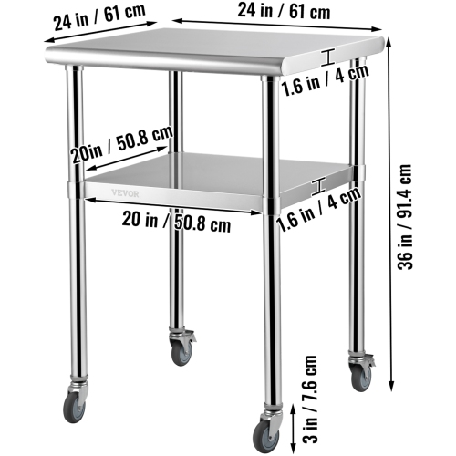 VEVOR 24 x 24 x 36 Inch Stainless Steel Prep Table, 600lbs Load Capacity Heavy Duty Metal Worktable with Adjustable Undershelf & Universal Wheels,