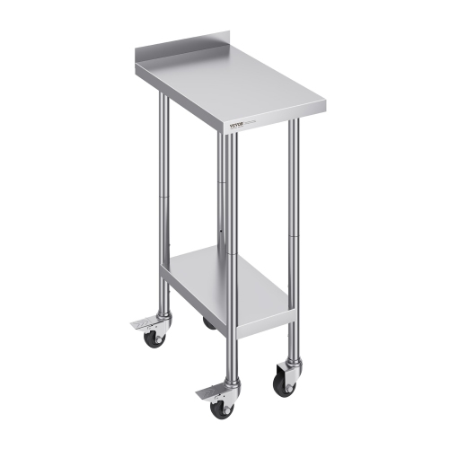 VEVOR 24 x 15 x 40 Inch Stainless Steel Work Table, Commercial Food Prep Worktable with Casters, Heavy Duty Prep Worktable, Metal Work Table with