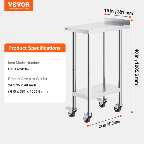 VEVOR 24 x 15 x 40 Inch Stainless Steel Work Table, Commercial Food Prep Worktable with Casters, Heavy Duty Prep Worktable, Metal Work Table with