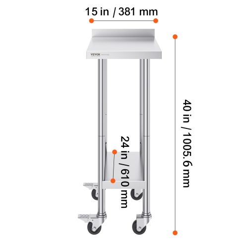 VEVOR 24 x 15 x 40 Inch Stainless Steel Work Table, Commercial Food Prep Worktable with Casters, Heavy Duty Prep Worktable, Metal Work Table with