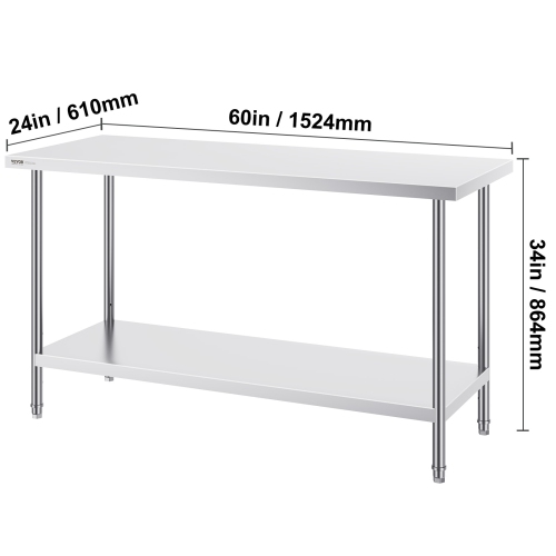VEVOR 24 x 60 x 34 Inch Stainless Steel Prep Table, Heavy Duty Metal Worktable with 3 Adjustable Height Levels, Commercial Workstation for Kitchen