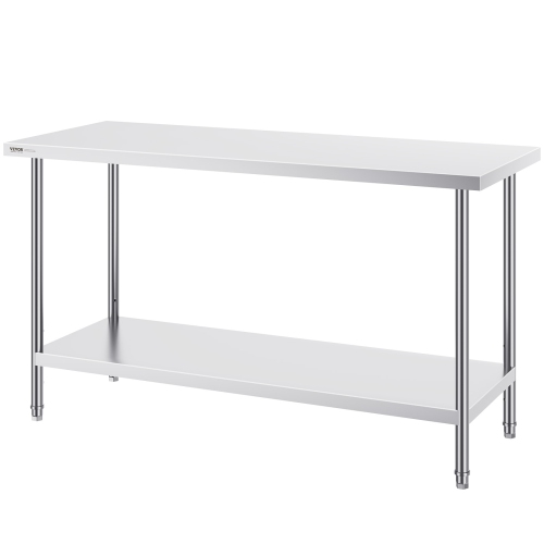 VEVOR 24 x 60 x 34 Inch Stainless Steel Prep Table, Heavy Duty Metal Worktable with 3 Adjustable Height Levels, Commercial Workstation for Kitchen