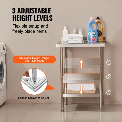 VEVOR 24 x 24 x 36 Inch Stainless Steel Work Table, Commercial Food Prep Worktable Heavy Duty Prep Worktable, Metal Work Table with Adjustable Height