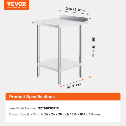 VEVOR 24 x 24 x 36 Inch Stainless Steel Work Table, Commercial Food Prep Worktable Heavy Duty Prep Worktable, Metal Work Table with Adjustable Height