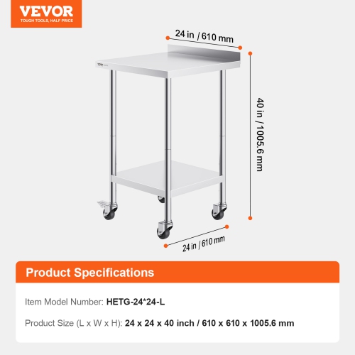 VEVOR 24 x 24 x 40 Inch Stainless Steel Work Table, Commercial Food Prep Worktable with Casters, Heavy Duty Prep Worktable, Metal Work Table with