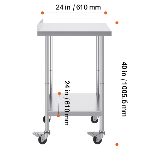 VEVOR 24 x 24 x 40 Inch Stainless Steel Work Table, Commercial Food Prep Worktable with Casters, Heavy Duty Prep Worktable, Metal Work Table with