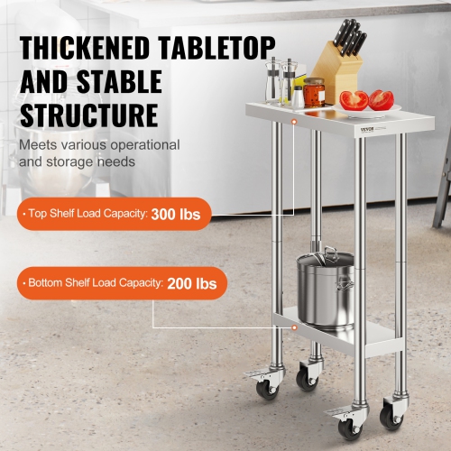 VEVOR 24 x 12 x 38 Inch Stainless Steel Work Table, with 4 Wheels, 3 Adjustable Height Levels, Heavy Duty Food Prep Worktable for Commercial Kitchen