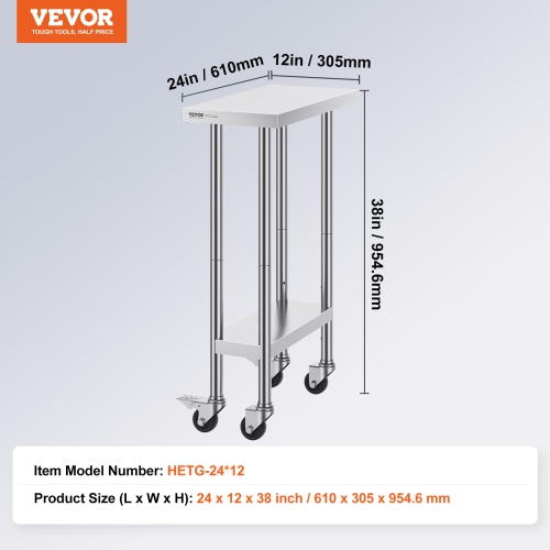 VEVOR 24 x 12 x 38 Inch Stainless Steel Work Table, with 4 Wheels, 3 Adjustable Height Levels, Heavy Duty Food Prep Worktable for Commercial Kitchen