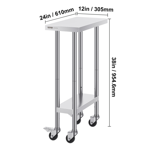VEVOR 24 x 12 x 38 Inch Stainless Steel Work Table, with 4 Wheels, 3 Adjustable Height Levels, Heavy Duty Food Prep Worktable for Commercial Kitchen