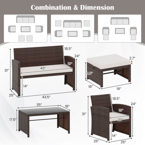 Gymax 6 PCS Patio Furniture Set w/ 1 Loveseat 1 Coffee Table 2 Armchairs 2 Ottomans