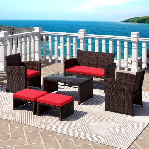 Gymax 6 PCS Patio Furniture Set w/ 1 Loveseat 1 Coffee Table 2 Armchairs 2 Ottomans