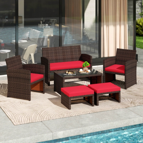 Gymax 6 PCS Patio Furniture Set w/ 1 Loveseat 1 Coffee Table 2 Armchairs 2 Ottomans