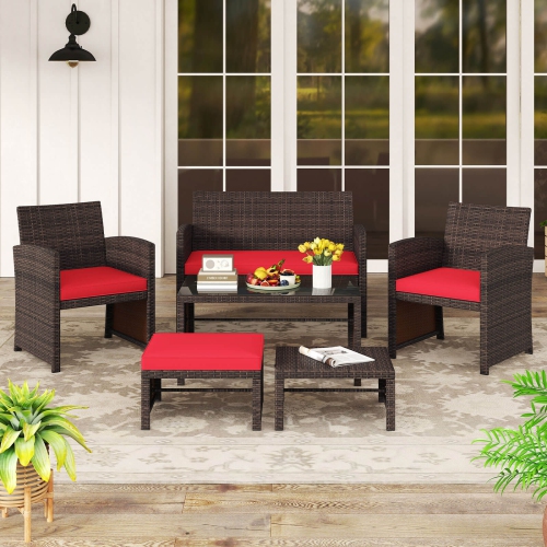 Gymax 6 PCS Patio Furniture Set w/ 1 Loveseat 1 Coffee Table 2 Armchairs 2 Ottomans