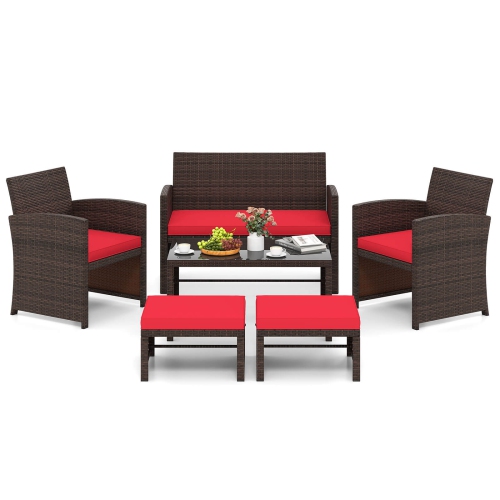Gymax 6 PCS Patio Furniture Set w/ 1 Loveseat 1 Coffee Table 2 Armchairs 2 Ottomans