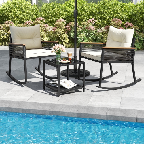 Gymax 3 PCS Patio Rocking Bistro Set Outside Wicker Rockers w/ 2-Tier Tempered Glass Coffee Table