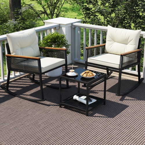 Gymax 3 PCS Patio Rocking Bistro Set Outside Wicker Rockers w/ 2-Tier Tempered Glass Coffee Table