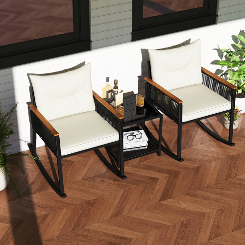 Gymax 3 PCS Patio Rocking Bistro Set Outside Wicker Rockers w/ 2-Tier Tempered Glass Coffee Table