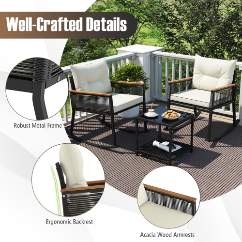 Gymax 3 PCS Patio Rocking Bistro Set Outside Wicker Rockers w/ 2-Tier Tempered Glass Coffee Table