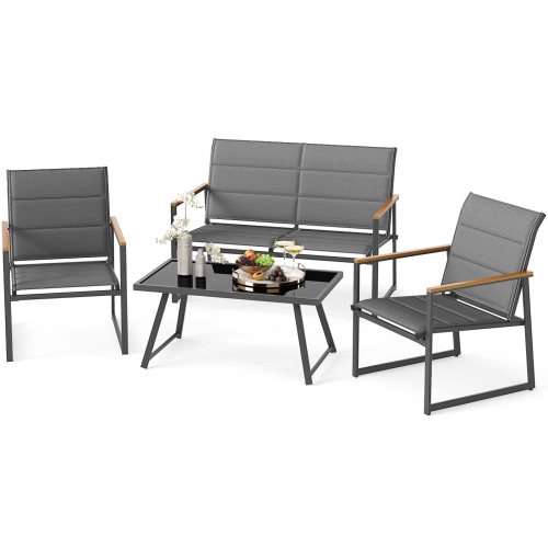 GYMAX  4 Piece Patio Furniture Set Outdoor Metal Conversation Set W/ Padded Fabric Seat