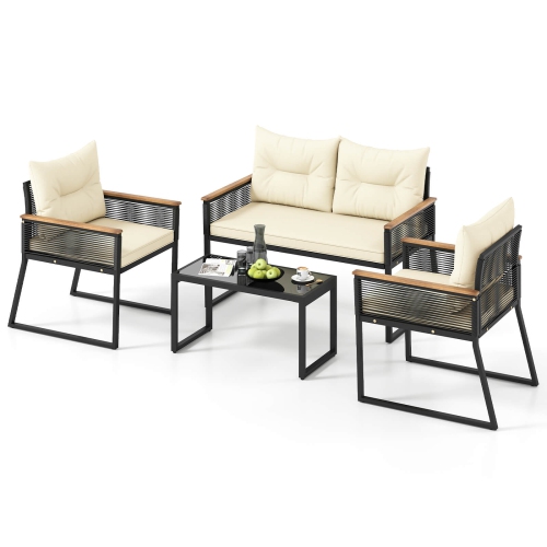 Gymax Set Of 4 Patio Furniture Set w/Tempered Glass Coffee Table PE Wicker Rattan Chairs