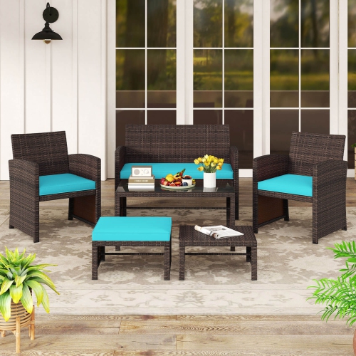 Gymax 6 PCS Patio Furniture Set w/ 1 Loveseat 1 Coffee Table 2 Armchairs 2 Ottomans