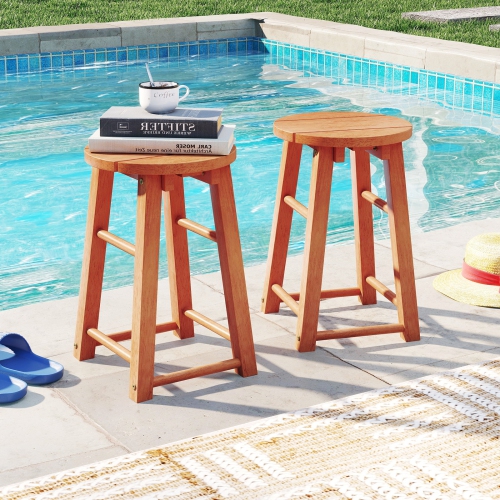 Gymax Outdoor Wood Bar Stools Set of 2 w/Round Seat Footrest Patio Backless Barstools