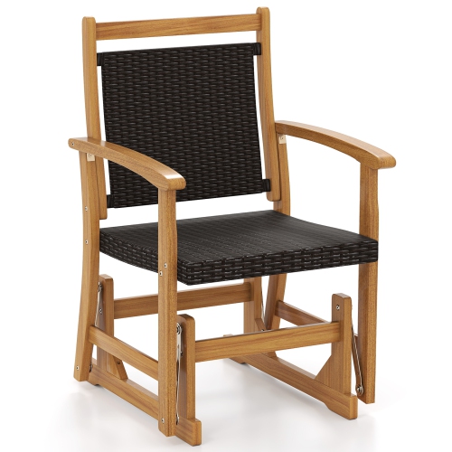 GYMAX  Patio Rattan Glider Chair W/ Acacia Wood Frame & Wicker Seat Back Armrests