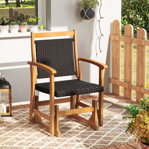 Gymax Patio Rattan Glider Chair w/ Acacia Wood Frame & Wicker Seat Back Armrests