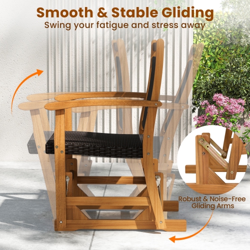 Gymax Patio Rattan Glider Chair w/ Acacia Wood Frame & Wicker Seat Back Armrests