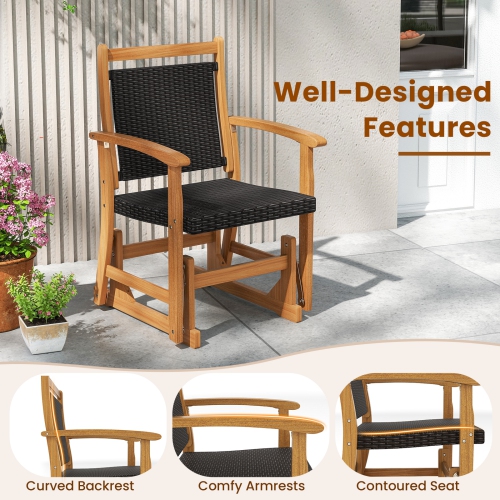 Gymax Patio Rattan Glider Chair w/ Acacia Wood Frame & Wicker Seat Back Armrests