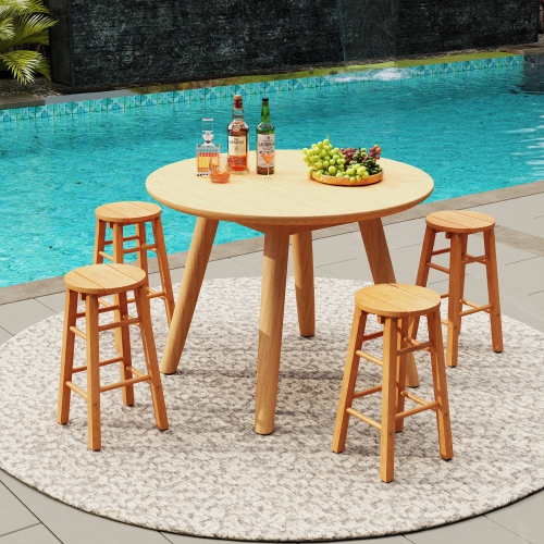 Gymax 24-Inch Outdoor Wood Bar Stools Set of 4 w/ Round Seat Footrest for Garden