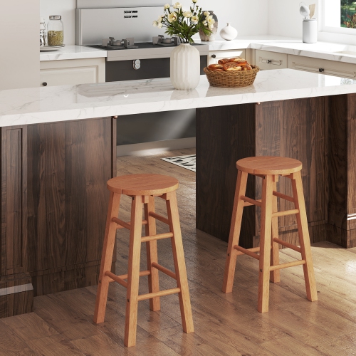 Gymax 24-Inch Outdoor Wood Bar Stools Set of 4 w/ Round Seat Footrest for Garden