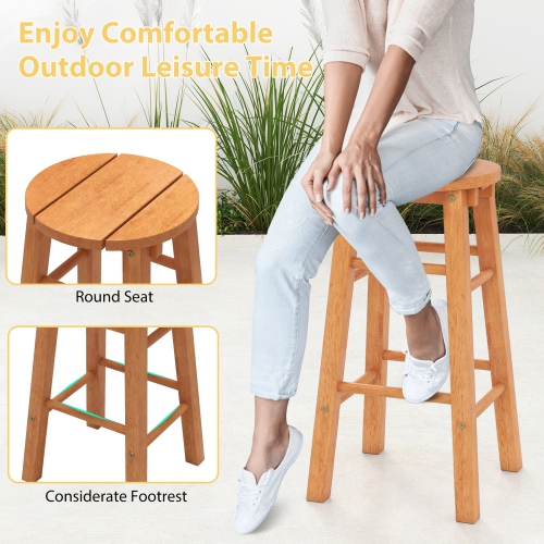 Gymax 24-Inch Outdoor Wood Bar Stools Set of 2 w/ Round Seat Footrest for Garden