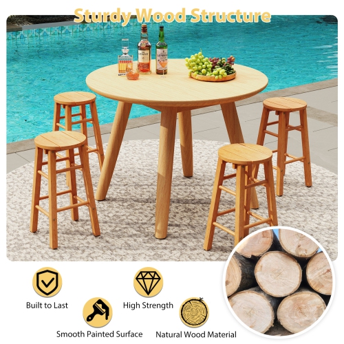 Gymax 24-Inch Outdoor Wood Bar Stools Set of 2 w/ Round Seat Footrest for Garden