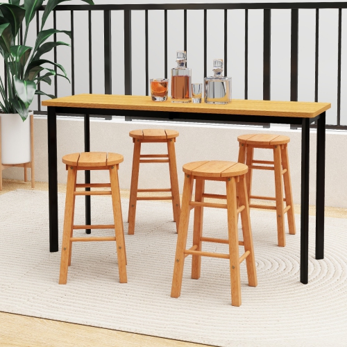 Gymax 24-Inch Outdoor Wood Bar Stools Set of 2 w/ Round Seat Footrest for Garden