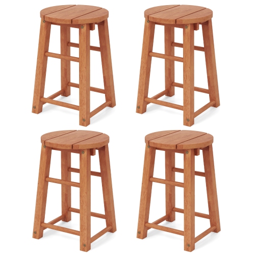 Gymax Outdoor Wood Bar Stools Set of 4 w/Round Seat Footrest Patio Backless Barstools