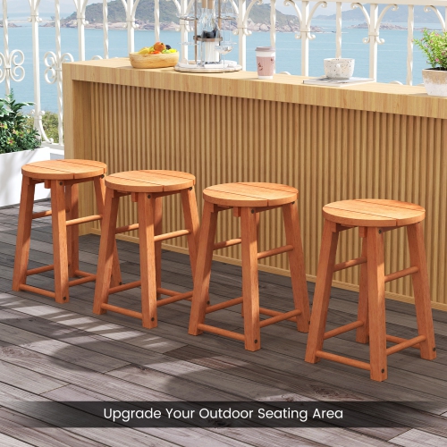 Gymax Outdoor Wood Bar Stools Set of 4 w/Round Seat Footrest Patio Backless Barstools