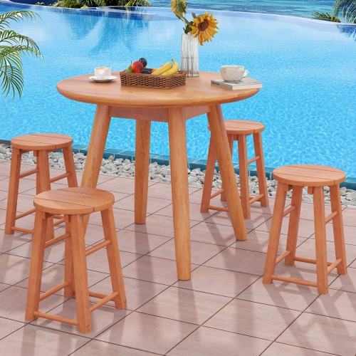 Gymax Outdoor Wood Bar Stools Set of 4 w/Round Seat Footrest Patio Backless Barstools