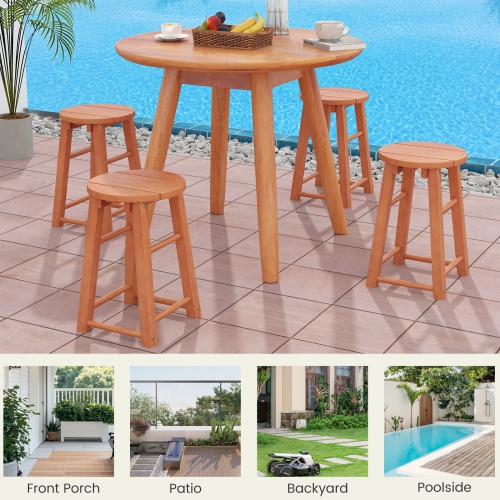 Gymax Outdoor Wood Bar Stools Set of 4 w/Round Seat Footrest Patio Backless Barstools