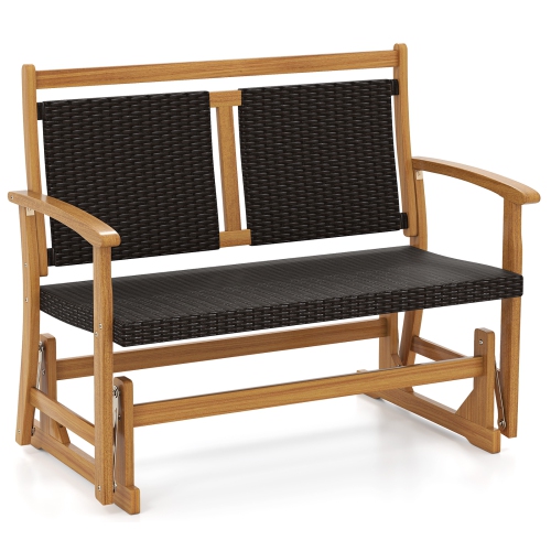GYMAX  Patio Rattan Glider Bench Swing Gliding Rocker for 2 W/ Acacia Wood Frame