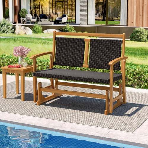 Gymax Patio Rattan Glider Bench Swing Gliding Rocker for 2 w/ Acacia Wood Frame