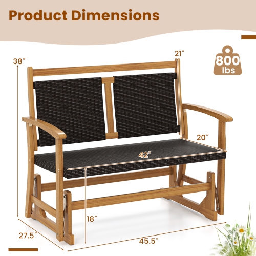 Gymax Patio Rattan Glider Bench Swing Gliding Rocker for 2 w/ Acacia Wood Frame
