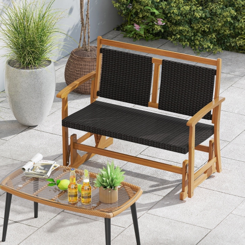 Gymax Patio Rattan Glider Bench Swing Gliding Rocker for 2 w/ Acacia Wood Frame